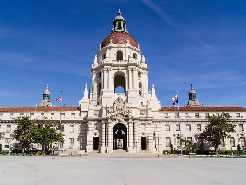 The landmark dome and courtyard of Pasadena City Hall