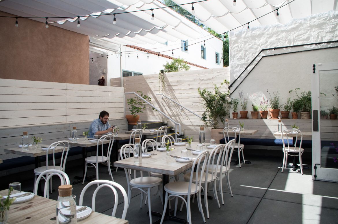 The bright covered patio at Botanica in Silver Lake