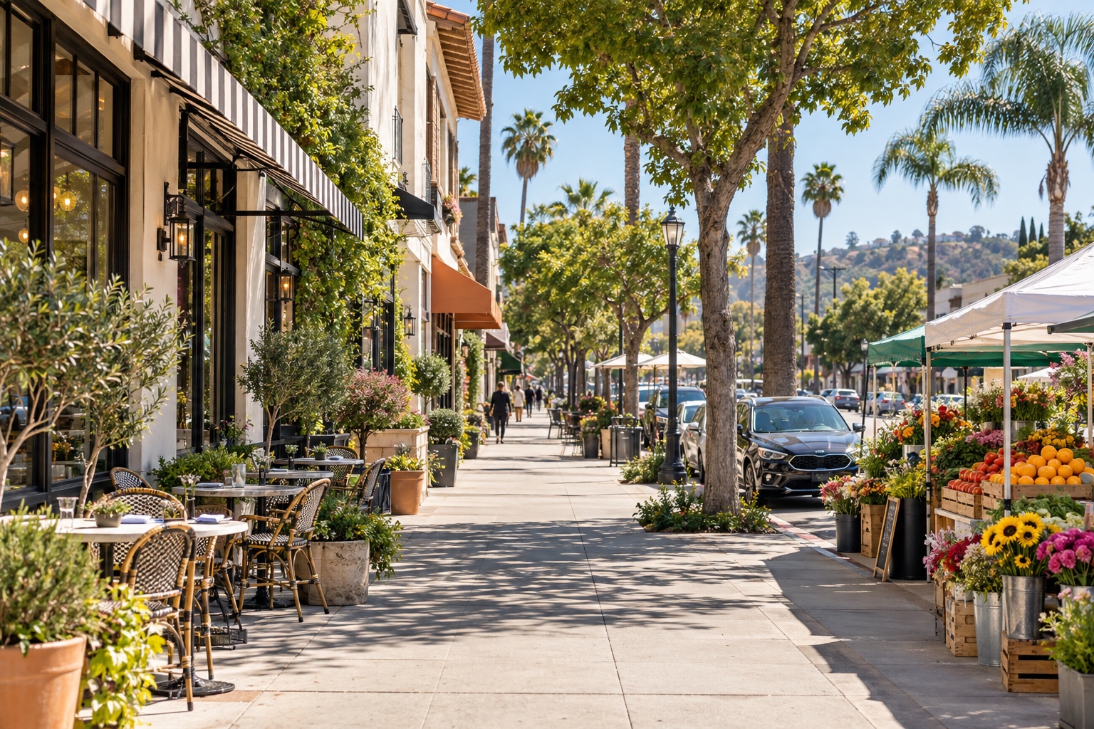Sunny Studio City streetscape with sidewalk cafés, leafy storefronts, and farmers market stands