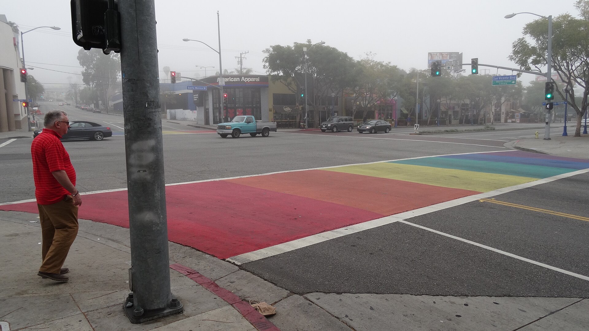 Rainbow crosswalk at Santa Monica Boulevard and San Vicente Boulevard in West Hollywood