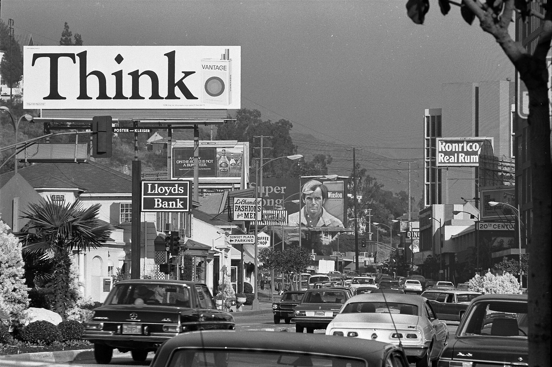 Traffic and billboards along the Sunset Strip in West Hollywood in 1975