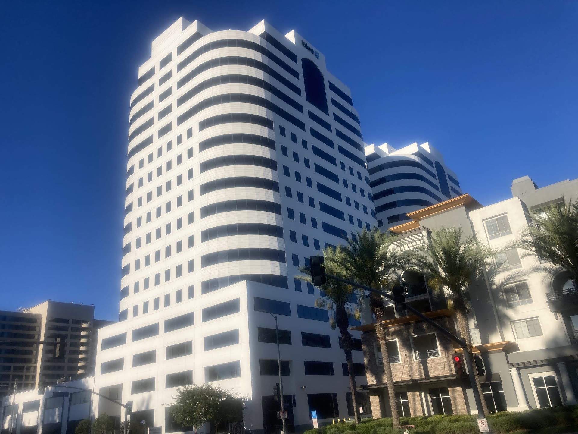 Warner Center towers, palms, and neighborhood streets in Woodland Hills