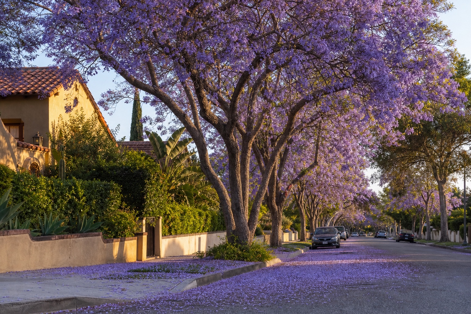 Jacaranda trees blooming along a Los Angeles street