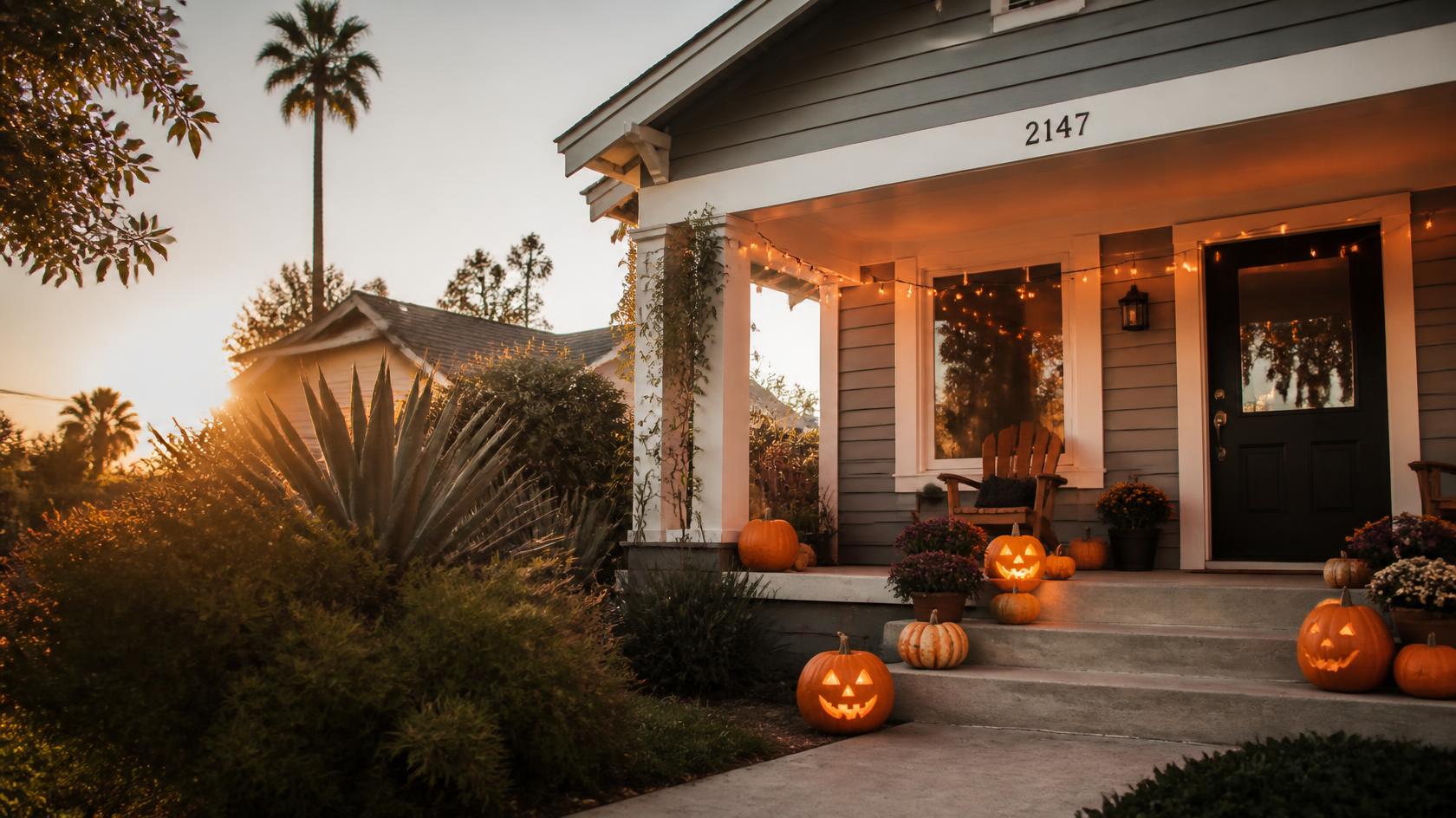 A Los Angeles home decorated with glowing jack-o’-lanterns for Halloween