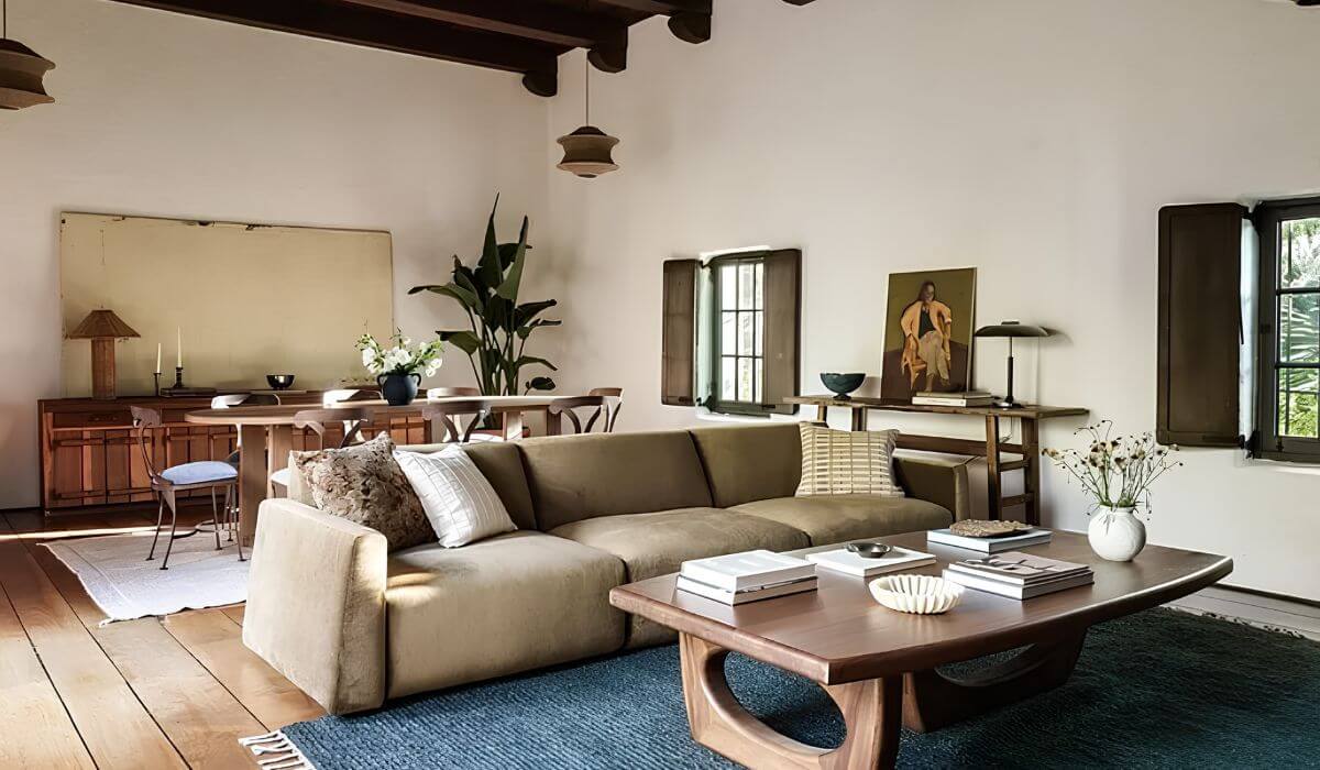 Wood-beamed living room with fireplace and original hardwood floors